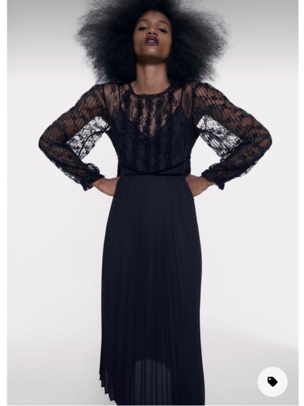 Zara Goth Black Lace Long-Sleeve Pleated Dress